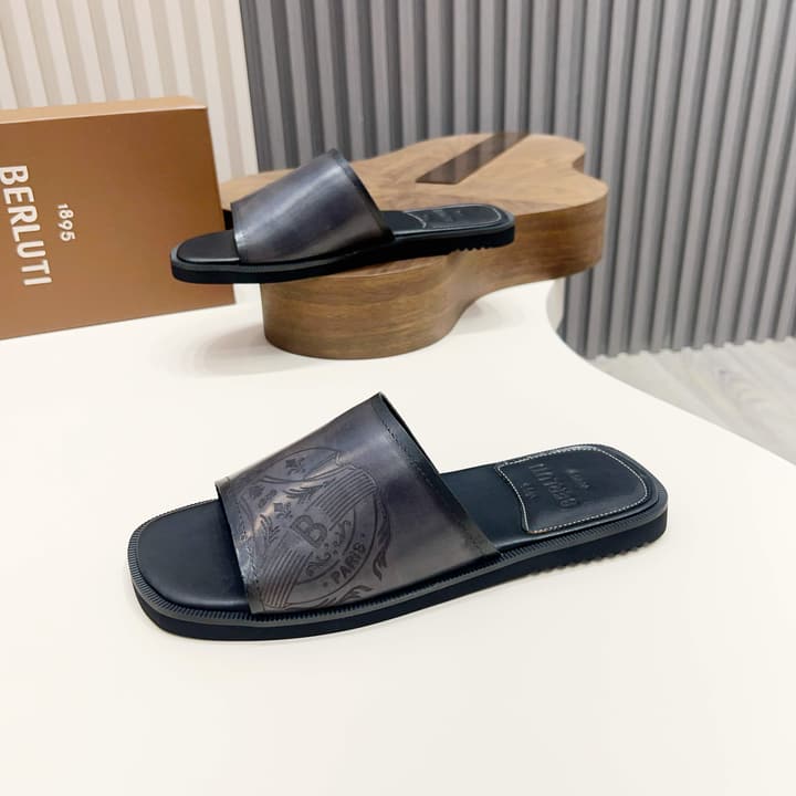 Berluti Hand-Painted Calfskin Slippers in Matte Black