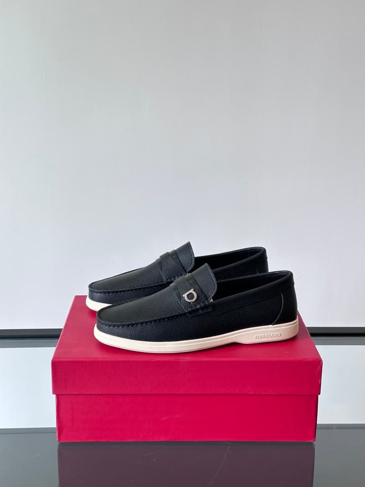 Ferragamo Men's Imported Calfskin Driving Shoes in Classic Black Leather