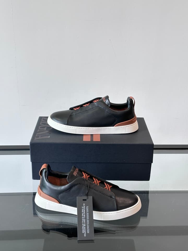 Zegna Men's Low-Top Leather Sneakers in Black & White