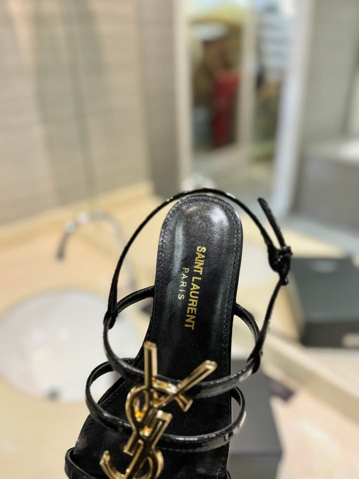Saint Laurent YSL Metal Logo Heeled Sandals in Matte Black Criss-cross Strap Sandal