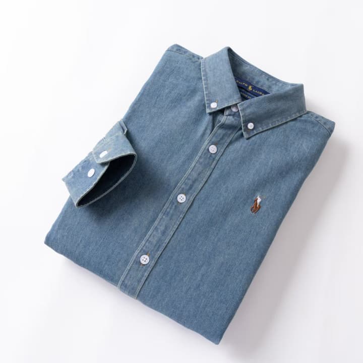 Ralph Lauren Washed Denim Shirt with Embroidered Logo in Dark Wash Denim Flat Lay