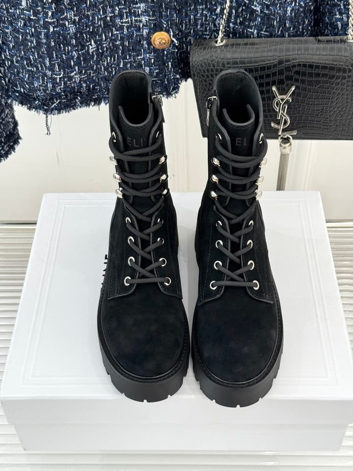 Celine Classic Triomphe Platform Martin Boots in Black Leather