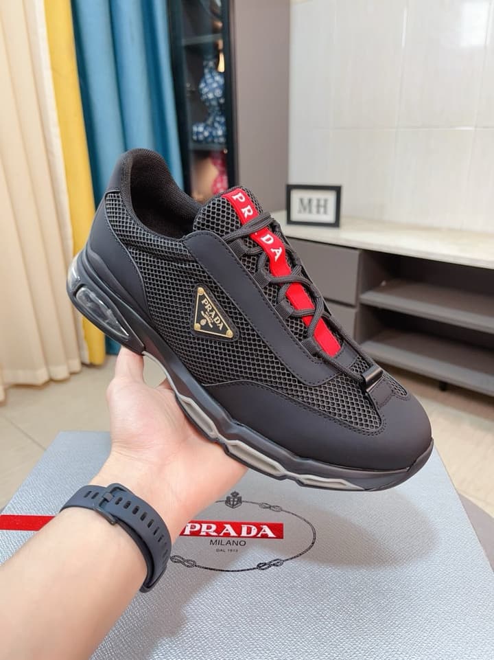 Prada Men's Air Cushion Sneakers in Cream And Black Panel