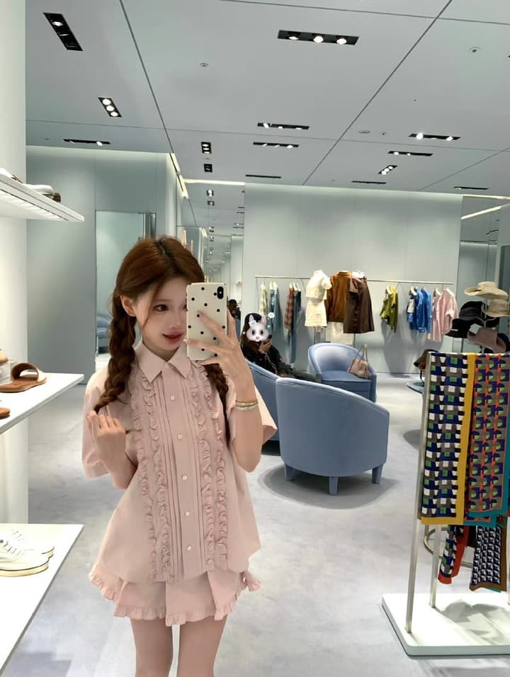 Miu Miu Embroidered Ruffle Shirt and Pleated Skort Set in Pink