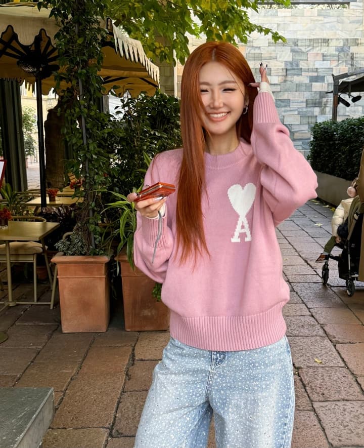AMI Paris Heart Letter Knit Sweater in Pink