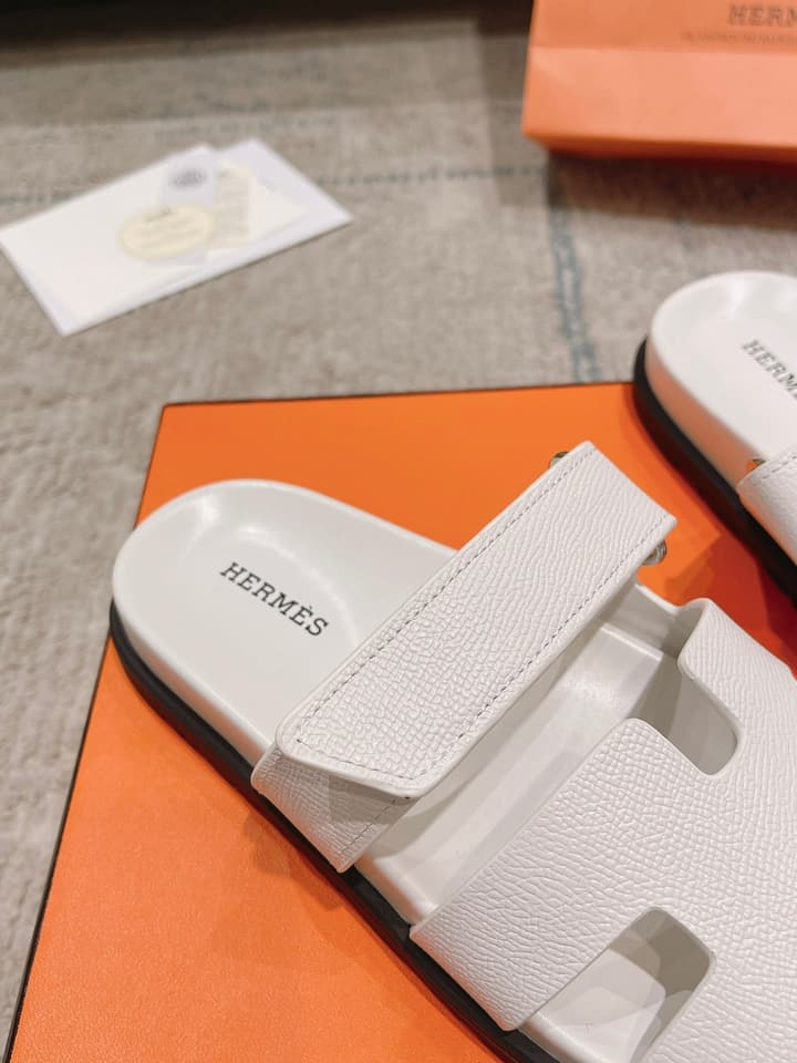 Hermès Chypre Suede Unisex Slides in Black With Dark Blue Strap