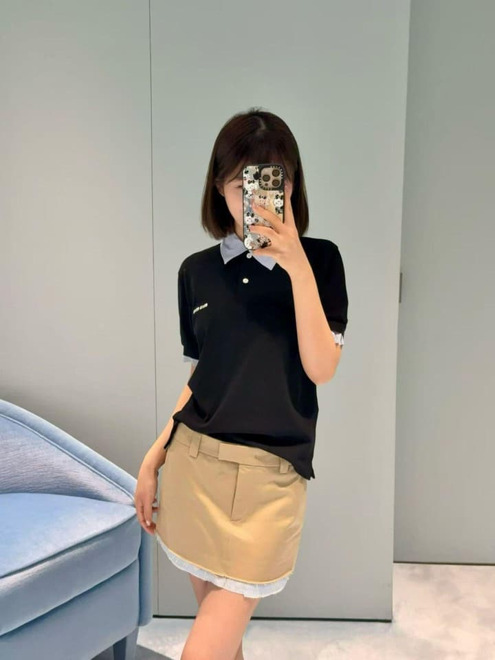 Miu Miu Preppy Embroidered Striped Polo Shirt in Black