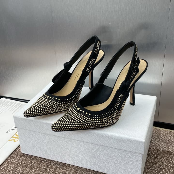 Dior J'Adior Rivet Heeled Sandals – 2024SS in Black Glitter Toe Slingback