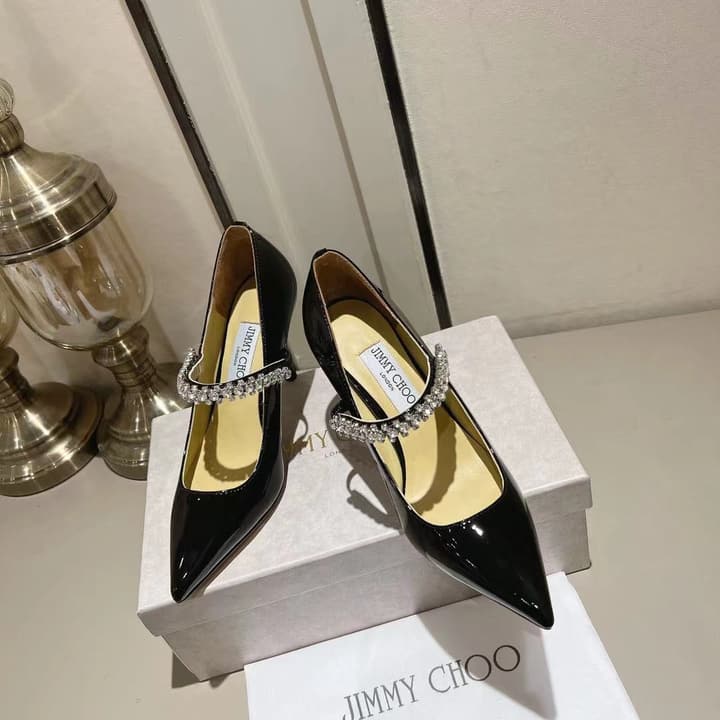 Jimmy Choo Crystal-Embellished Patent Leather Pumps in Black Lace