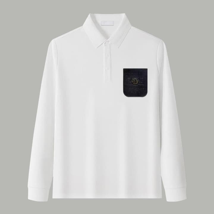 Dior Silk Long Sleeve Polo Shirt with Metal Patch in White With Solid Pocket