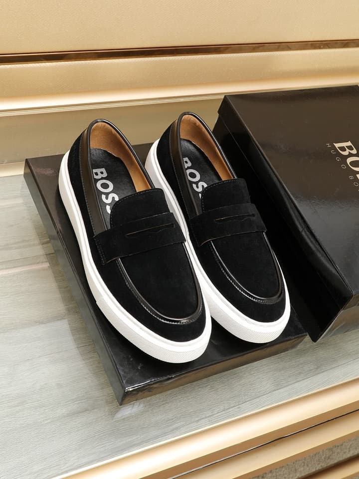 Boss Men's Luxury Leather Slip-On Loafers in Black Smooth Leather