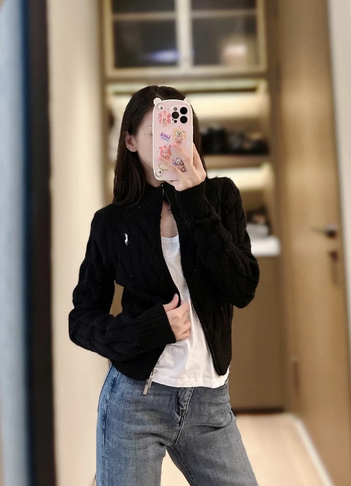 Ralph Lauren Double Zip Cable Knit Cardigan in Black Cable Knit Cardigan