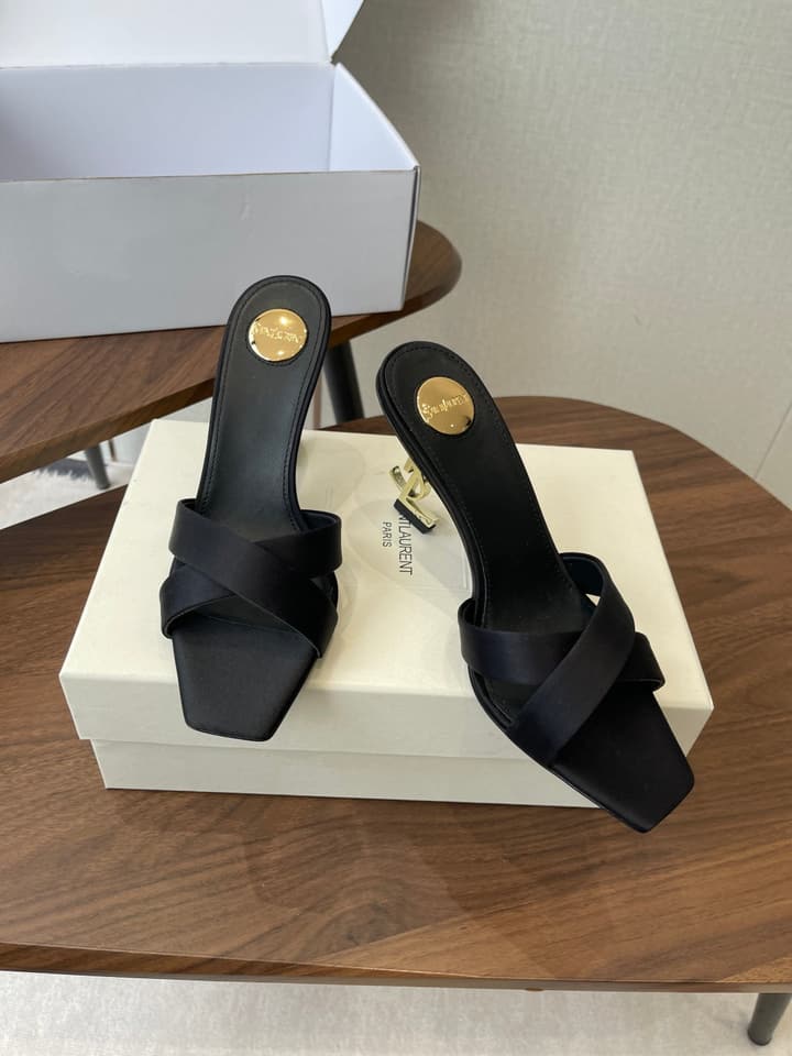Saint Laurent Opyum Satin Heeled Mules – Early Spring Collection – 26S in Champagne Gold
