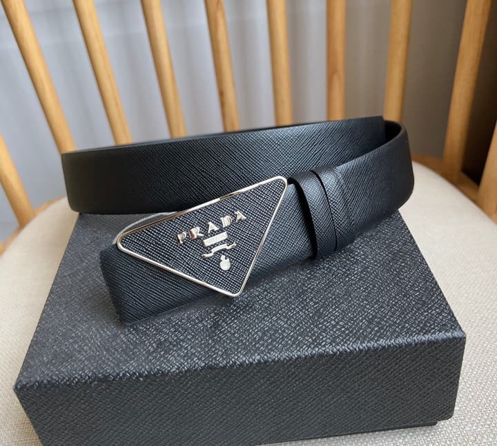 Prada Triangle Logo Buckle Belt in Black Textured Leather With Black Buckle