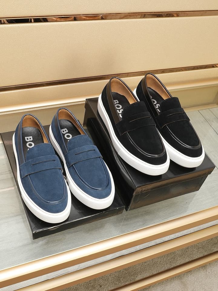 Boss Men's Luxury Leather Slip-On Loafers in Black Smooth Leather