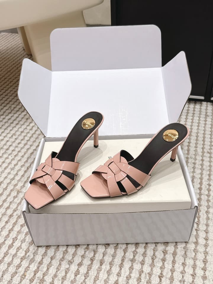 Saint Laurent Melody Square-Toe Heeled Sandals – 2026 Spring/Summer Collection in Beige Patent