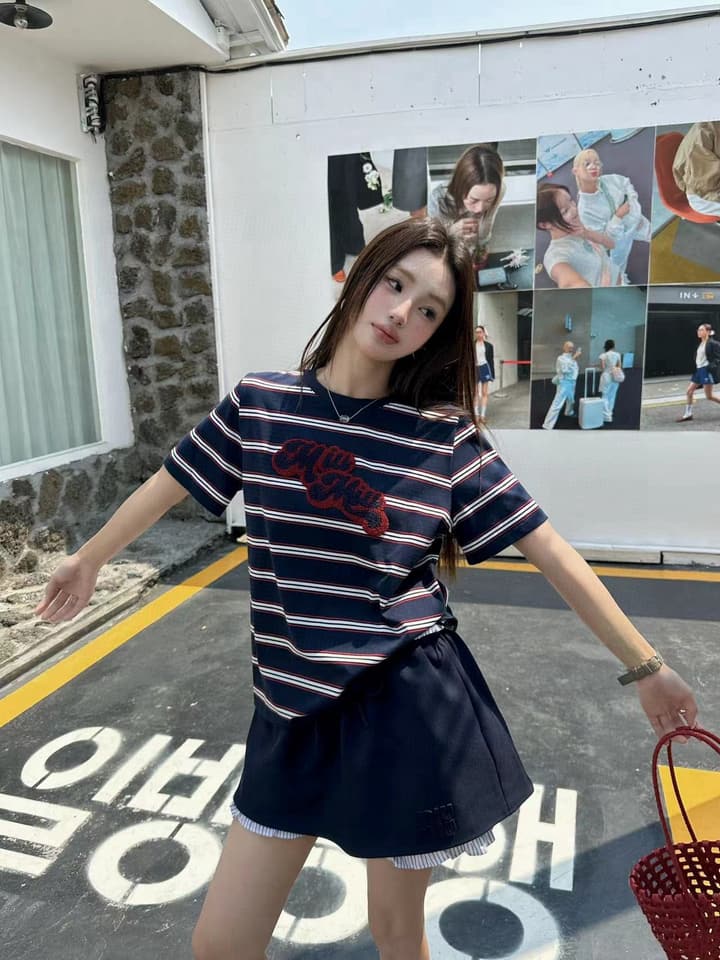 Miu Miu Embroidered Striped T-Shirt in Cream Striped