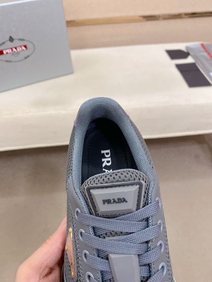 Prada Men's Leather Mesh Sneakers – New Collection in Light Grey With White Logo