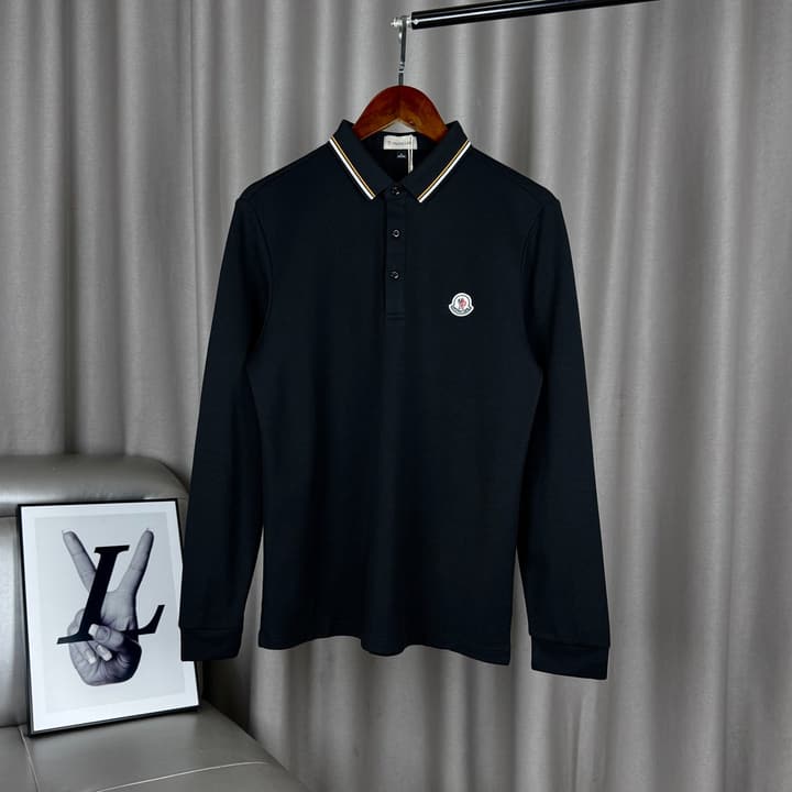 Moncler Classic Embroidered Long-Sleeve Polo Shirt in Black Polo - Hanging Display