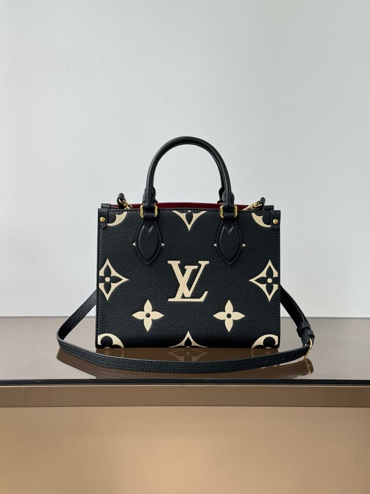 Louis Vuitton OnTheGo Small Tote Bag in Black Contrasting Monogram With Red Lining