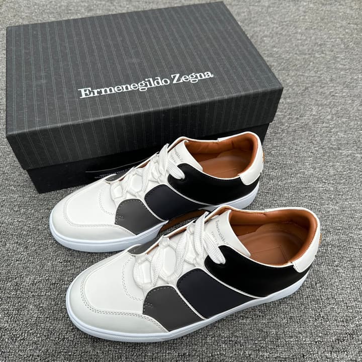 Zegna Tiziano Smooth Leather Gradient Patchwork Low-Top Sneakers in White Black Gray Gradient