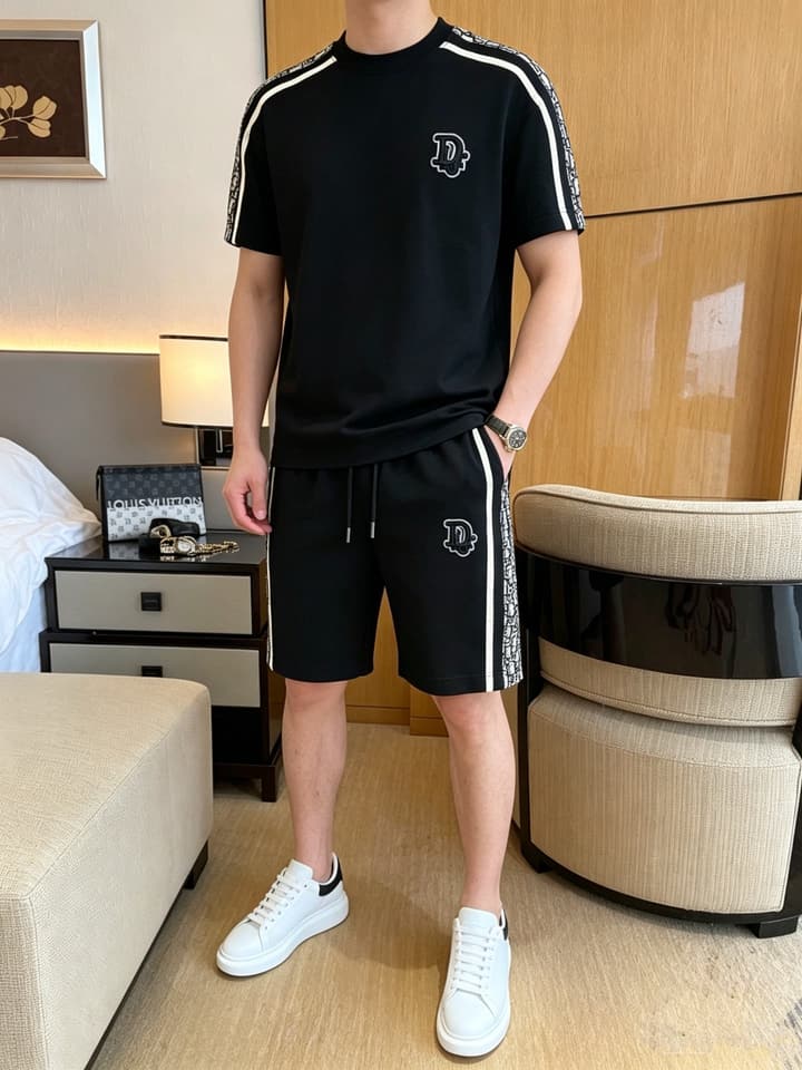 Dior Classic Air Layer T-Shirt and Shorts Set – 2026 Summer Collection in Black Crewneck Oblique Stripe