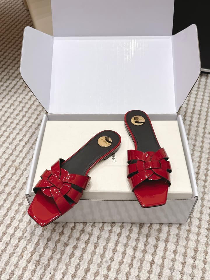 Saint Laurent Melody Square Toe Flat Sandals – 2026SS in Burgundy Patent