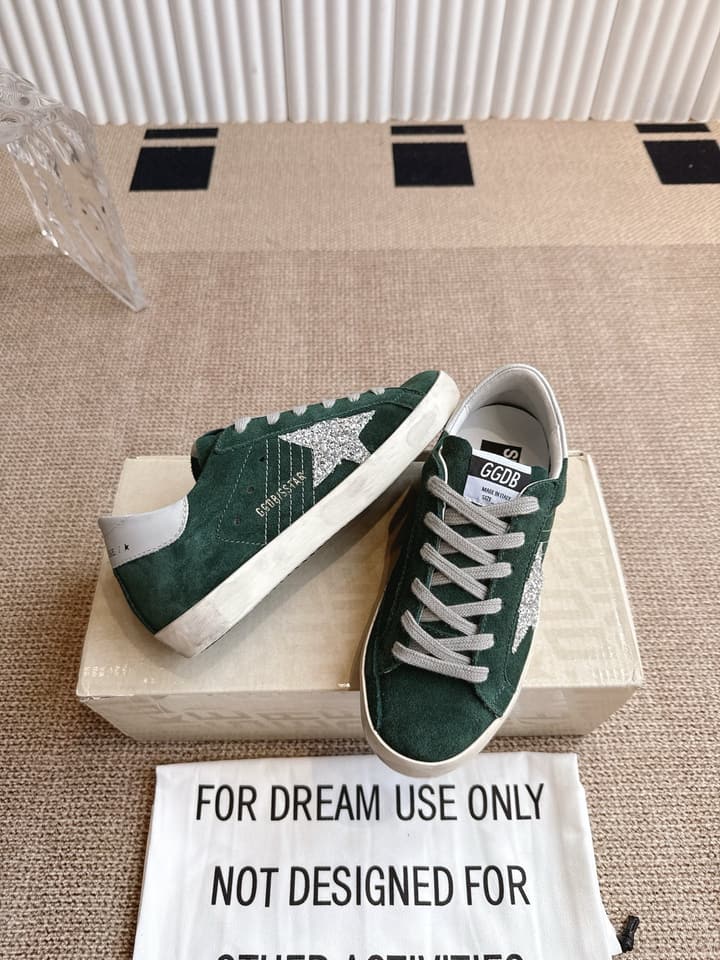 Golden Goose Distressed Leather Sneakers in Dark Green