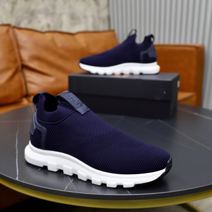 Zegna Cashmere Flyknit Sneakers in Navy Blue