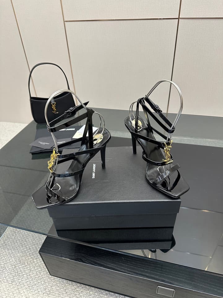 Saint Laurent Patent Leather Heeled Sandals in Bright Amber