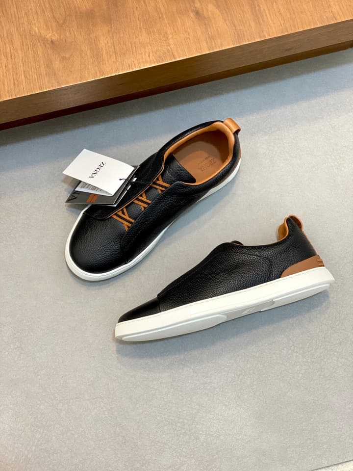 Ermenegildo Zegna Triple Stitch Sneakers in Black Leather With Brown Tag