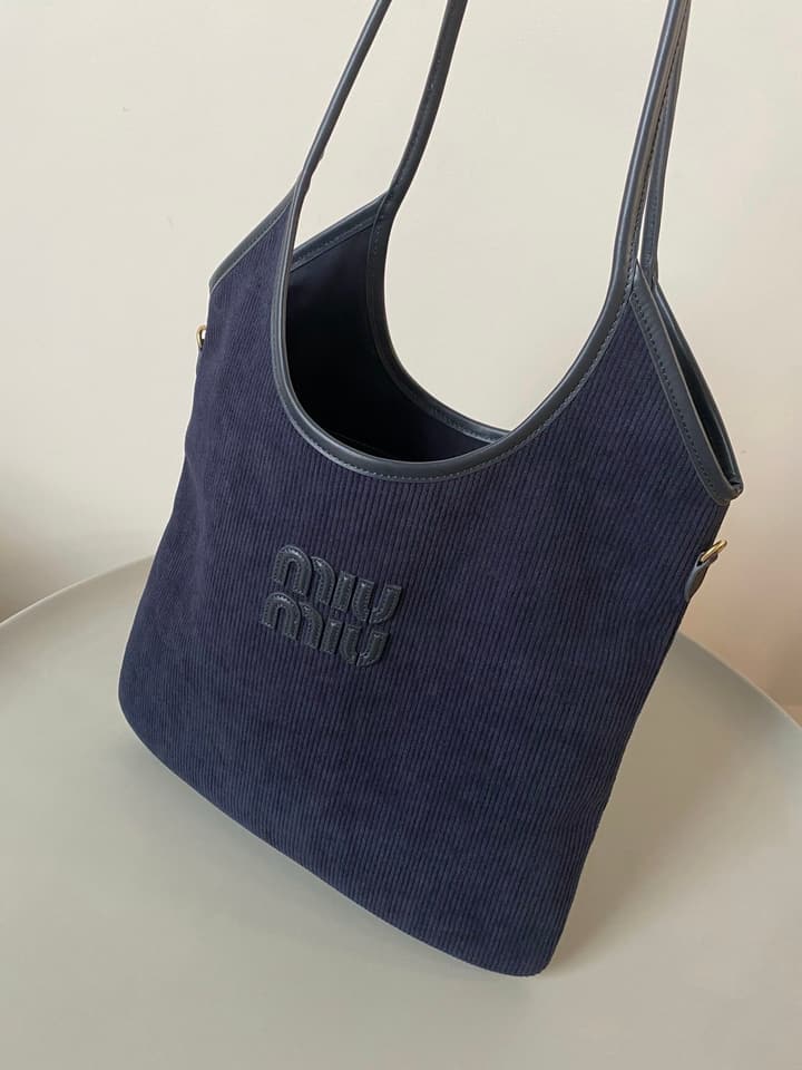 Miu Miu Corduroy Tote Bag in Navy Blue Corduroy Tote