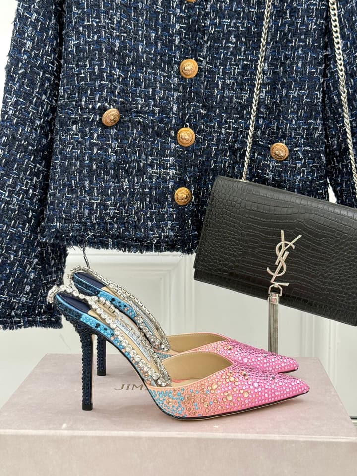 Jimmy Choo Classic Crystal Pointed High-Heeled Sandals in Lavender Yellow Ombre