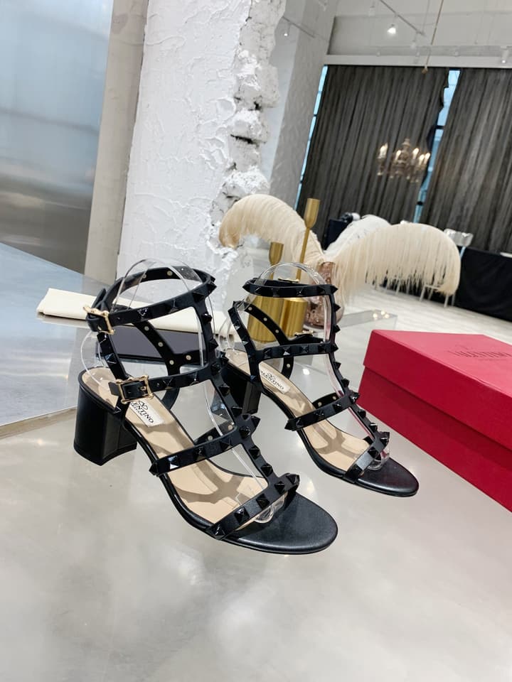 Valentino Studded Classic Block Heel Sandals in Black With Black Studs 6.5cm Heel