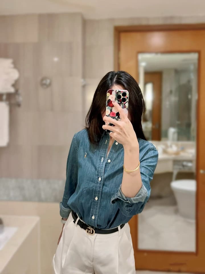 Ralph Lauren Washed Denim Shirt with Embroidered Logo in Dark Wash Denim Flat Lay