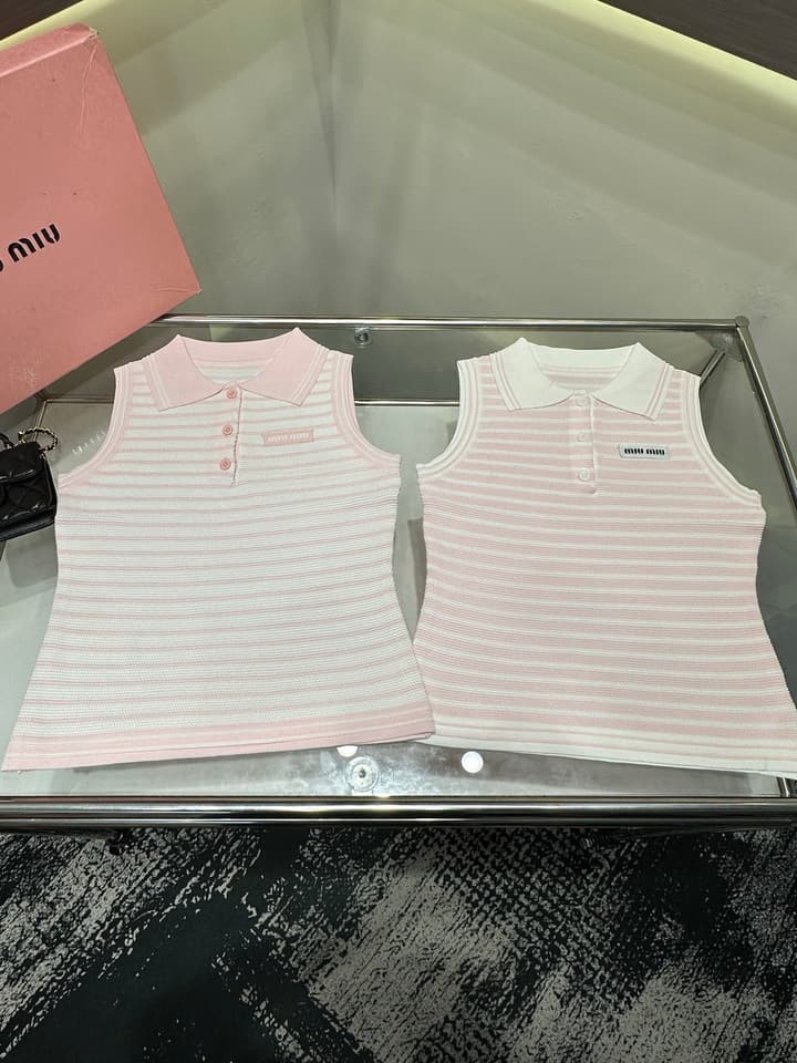 Miu Miu Striped Polo Collar Knit Vest in Pink