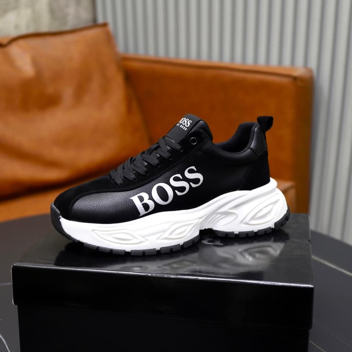 Boss Men's Luxury Running Sneakers in Black Mesh With White Sole