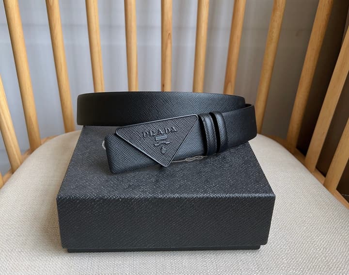 Prada Triangle Logo Buckle Belt in Black Textured Leather With Black Buckle