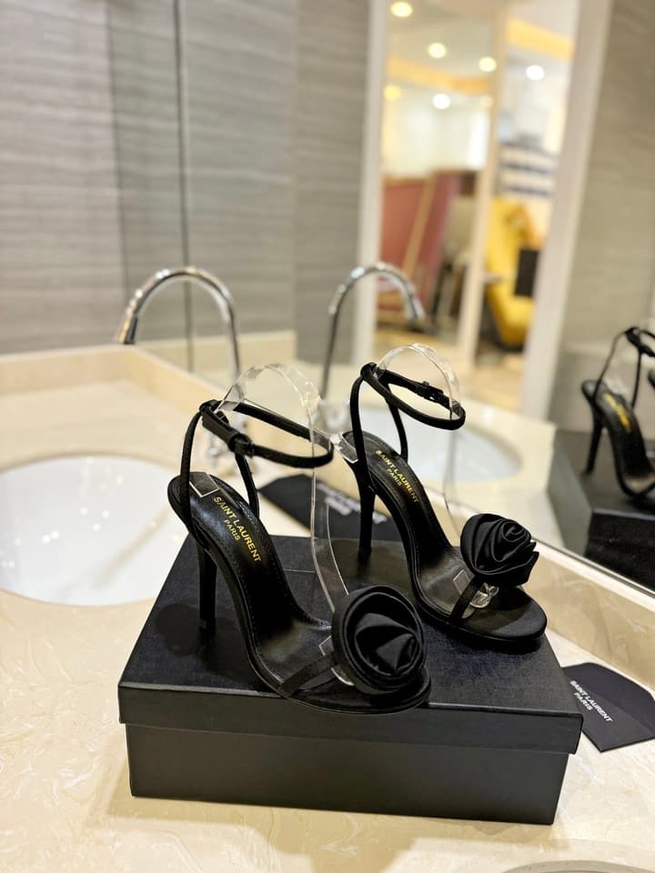 Saint Laurent YSL Flower Buckle Heeled Sandals in Black