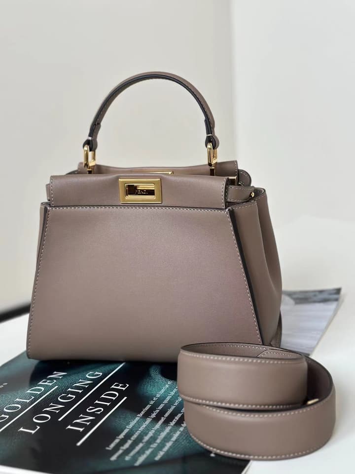 Fendi Peekaboo Classic Calfskin Handbag in Taupe Leather