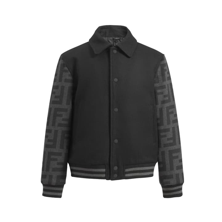 Fendi Black Wool Lapel Bomber Jacket in Black Wool Bomber Jacket