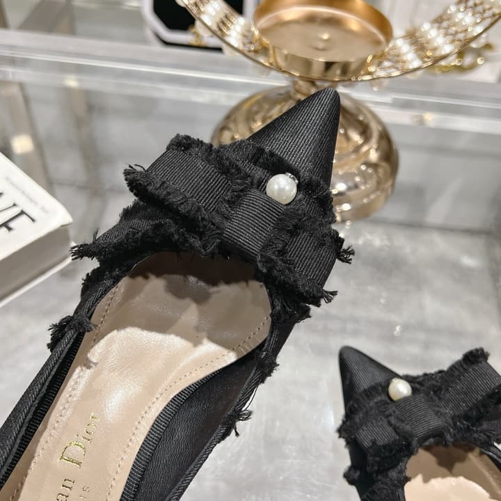Dior Adiorable Bow Pearl Wedge Pumps in Black Ruffled Bow