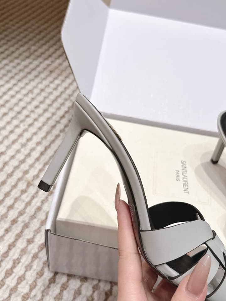 Saint Laurent Melody Square-Toe Heeled Sandals – 2026 Spring/Summer Collection in Beige Patent