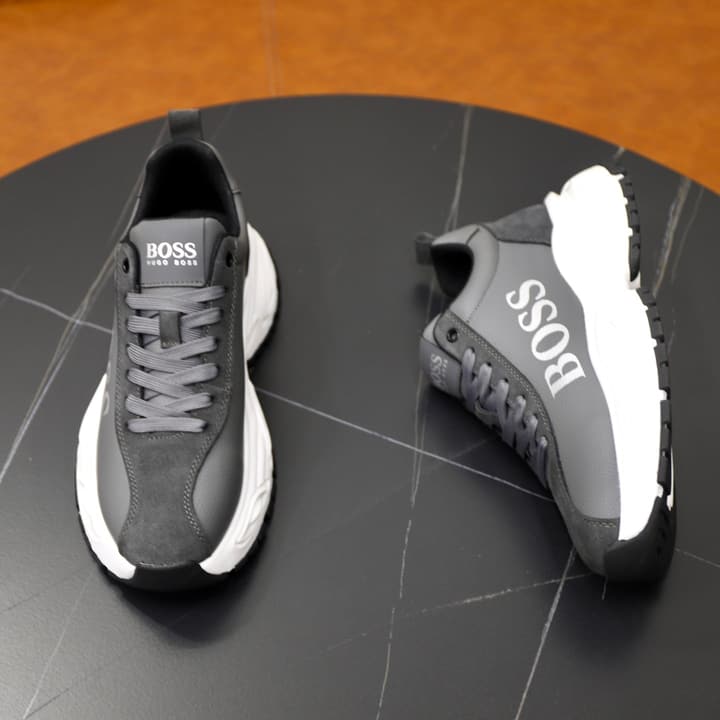 Boss Men's Luxury Running Sneakers in Black Mesh With White Sole