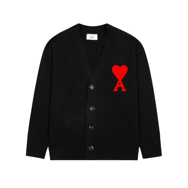 Ami Paris Classic Heart Embroidered Cardigan Sweater in Black