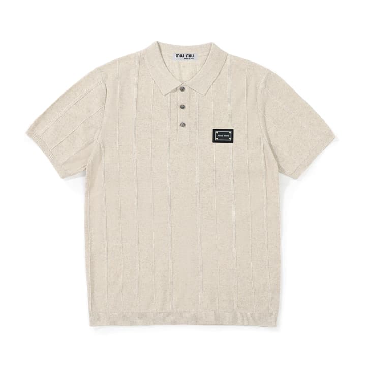 Miu Miu Collared Knit Short-Sleeve Sweater in Apricot