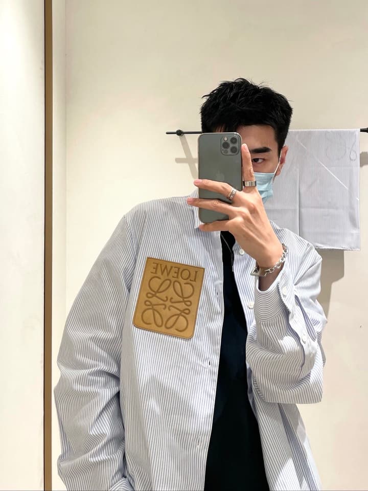Loewe Embossed Logo Suede Pocket Striped Shirt in Tan Loewe Pouch, Light Blue Overshirt, Black Skirt - View 1