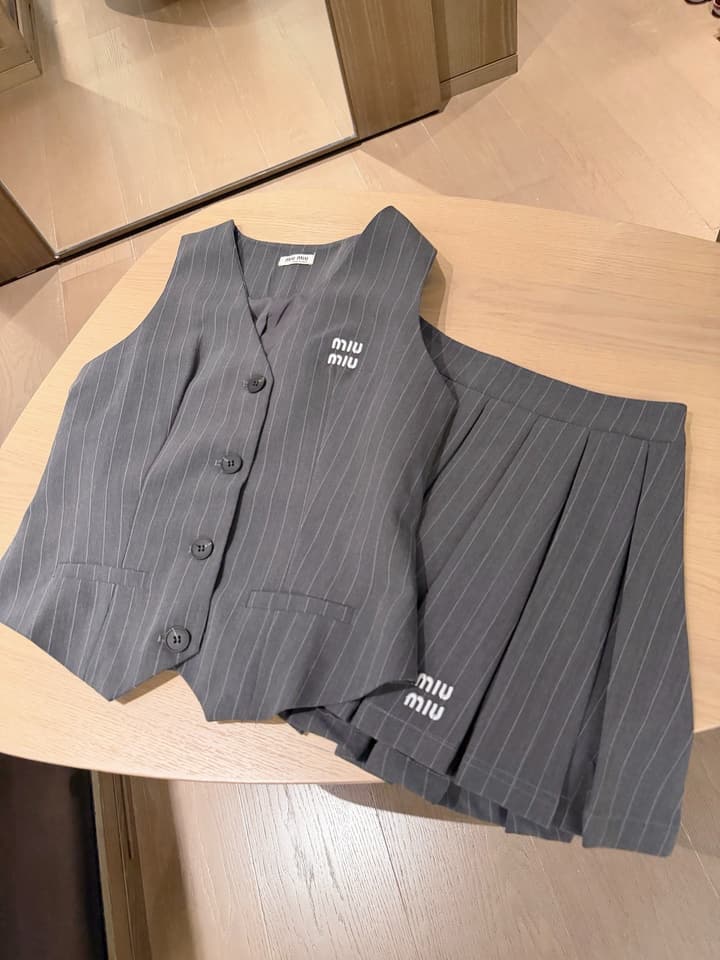 Miu Miu Embroidered Striped Vest & Pleated Skirt Set in Grey