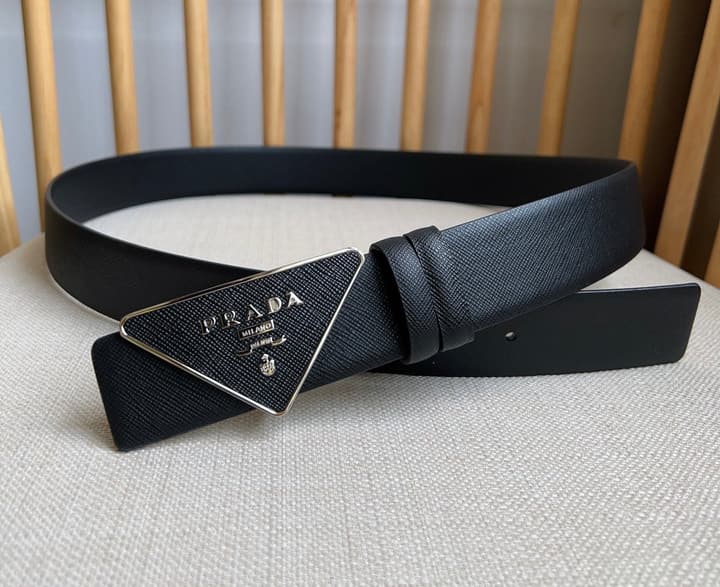 Prada Triangle Logo Buckle Belt in Black Textured Leather With Black Buckle