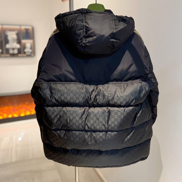 Gucci Double G Jacquard Reflective Runway Down Jacket in Black With Gg Webbing